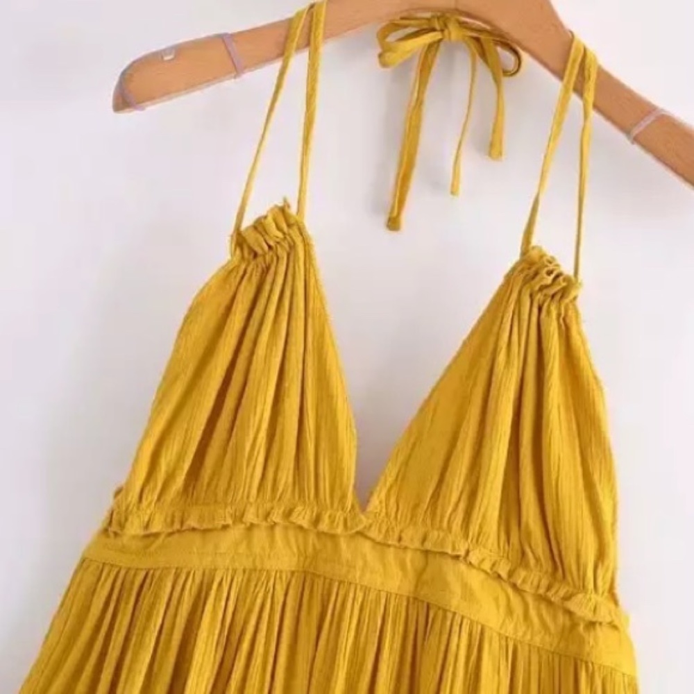 Mustard Swiss Dot Ruffle Halter Dress - Picture 2 of 6